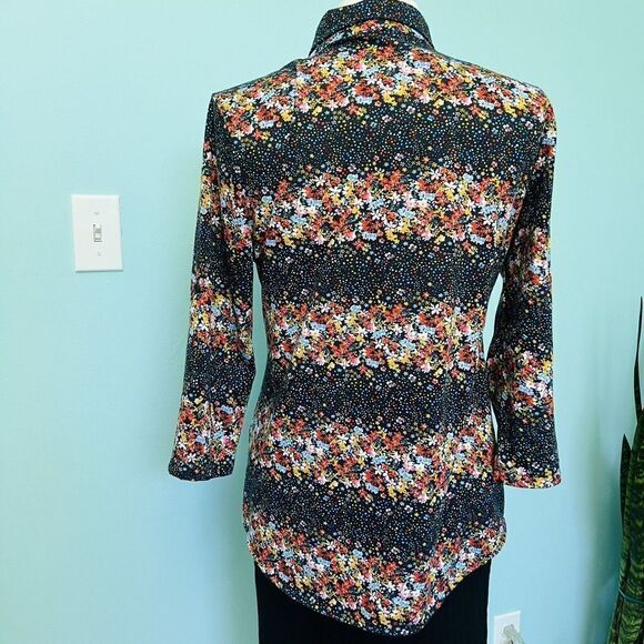 Eden & Olivia M Black Floral Flower Button Down Top Comfy Roll Up Sleeves 0767 - Picture 7 of 13